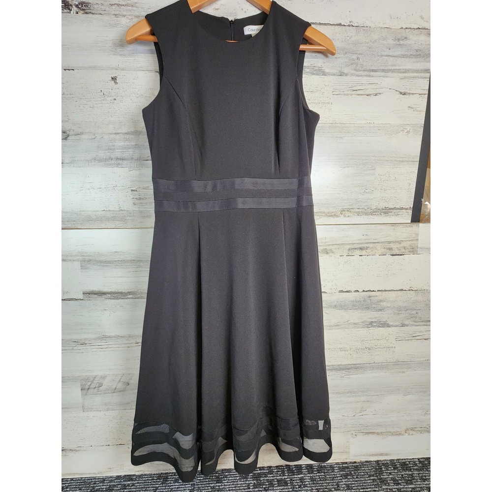 Calvin Klein Fit & Flare Dress Women 8‎ Black Mesh Trim Sleeveless Knee Length
